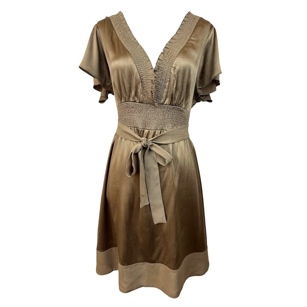 BCBG Max Azria Silk Wrap Dress Brown Smocked Waist Flutter Sleeve Mini Small